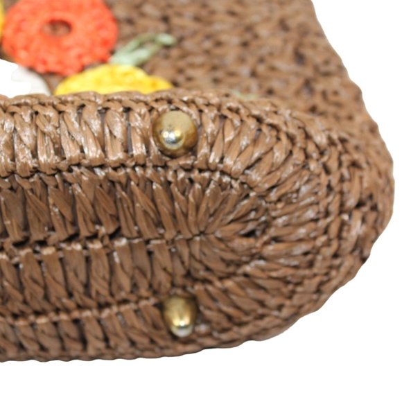 Vintage 1970's Raffia Straw Crochet Floral Embellishments Double Handled Purse - Picture 10 of 16